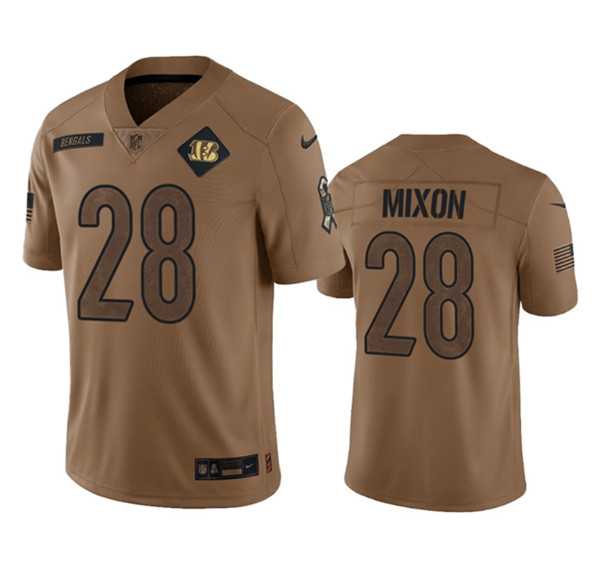 Men's Cincinnati Bengals #28 Joe Mixon 2023 Brown Salute To Service Limited Football Stitched Jersey Dyin